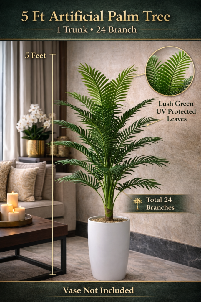 KAYKON 5 Feet Artificial Palm Tree 24 Branch – 1 Trunk Realistic Faux Palm Plant for Home Decor, Office, Hotel, Living Room Decoration