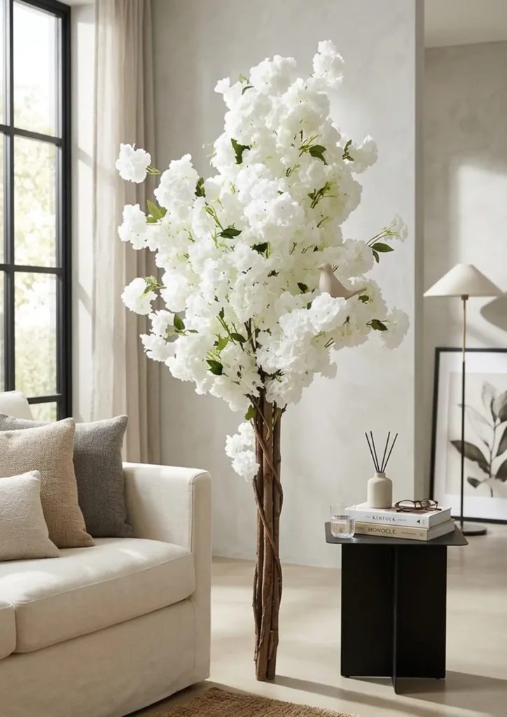 KAYKON 6 Feet Artificial Flower Tree Real Wooden Trunk Premium Luxury Decorative Artificial Plant for Home Decor, Hotel, Office, Villa, Restaurant & Interior Decoration (Without Vase) indoor artificial WHITE plaNTS