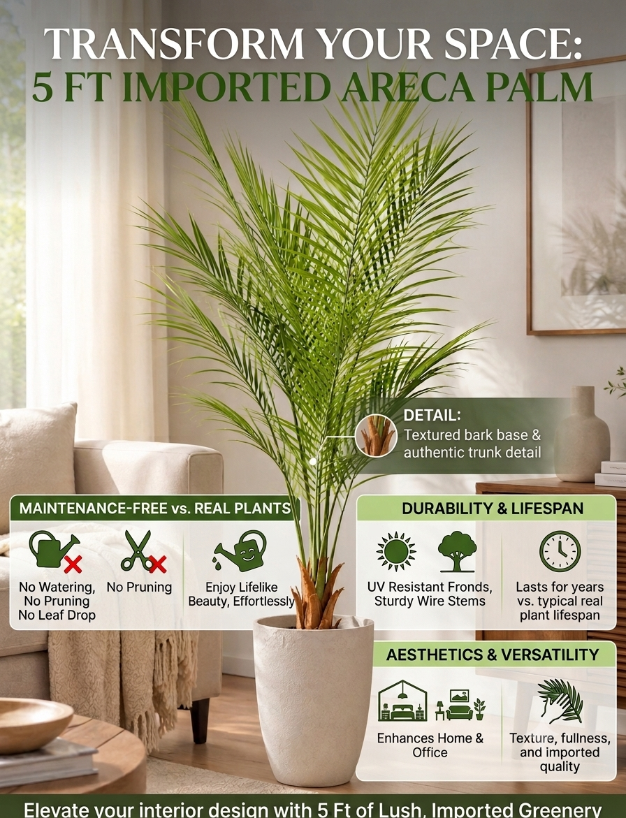 KAYKON 5 Ft Artificial Areca Palm Tree - Large Faux Palm Plant Without Pot for Indoor Home Decor, Office, Living Room - Imported Lifelike Tree Decorative Greenery, Maintenance-Free, UV Resistant - Image 2
