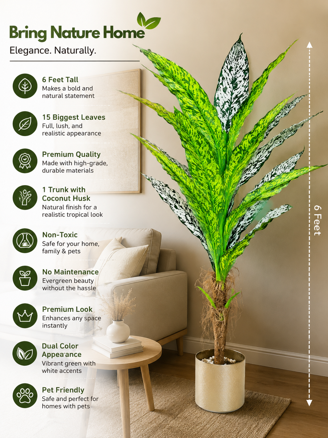Kaykon 6 Ft Artificial Plant Dieffenbachia Tree for Home Decor Without Pot 15 Big Premium Leaves - Image 3