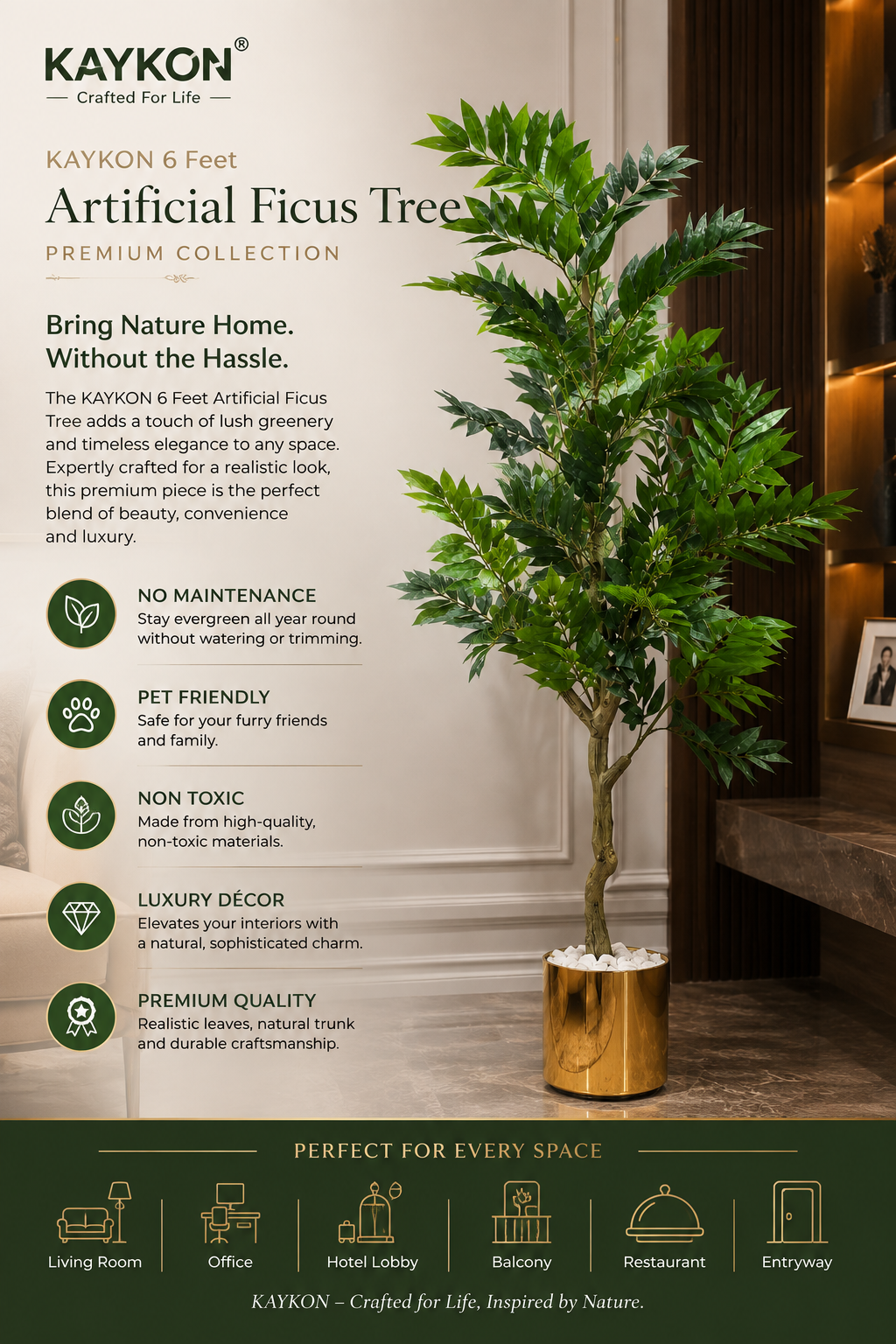 KAYKON Artificial Ficus Tree Indoor Decor Premium Collection 6 Feet - Image 2