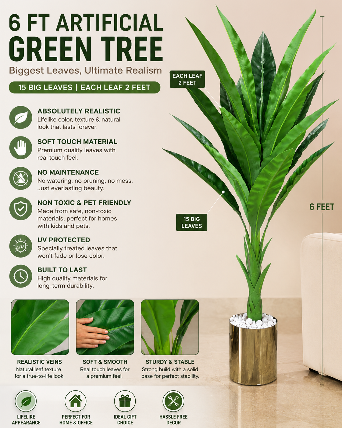 Kaykon 6 Ft Artificial Plant Dieffenbachia Tree for Home Decor 15 Big 2 Feet Size Premium Leaves Green Without Pot - Image 2