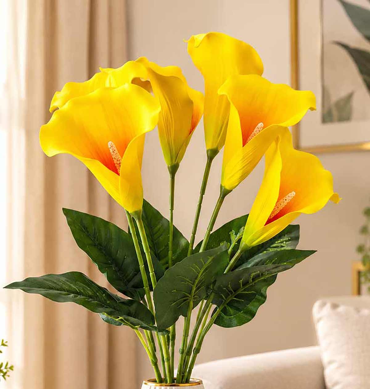 KAYKON 7 Flowers Real Touch Artificial Calla Lily Flower Bouquet Without Vase, Imported Yellow Lily Stems with Green Leaves, Realistic Decorative Flowers for Home, Living Room, Bedroom, Office, Wedding & Table Decor - Image 2