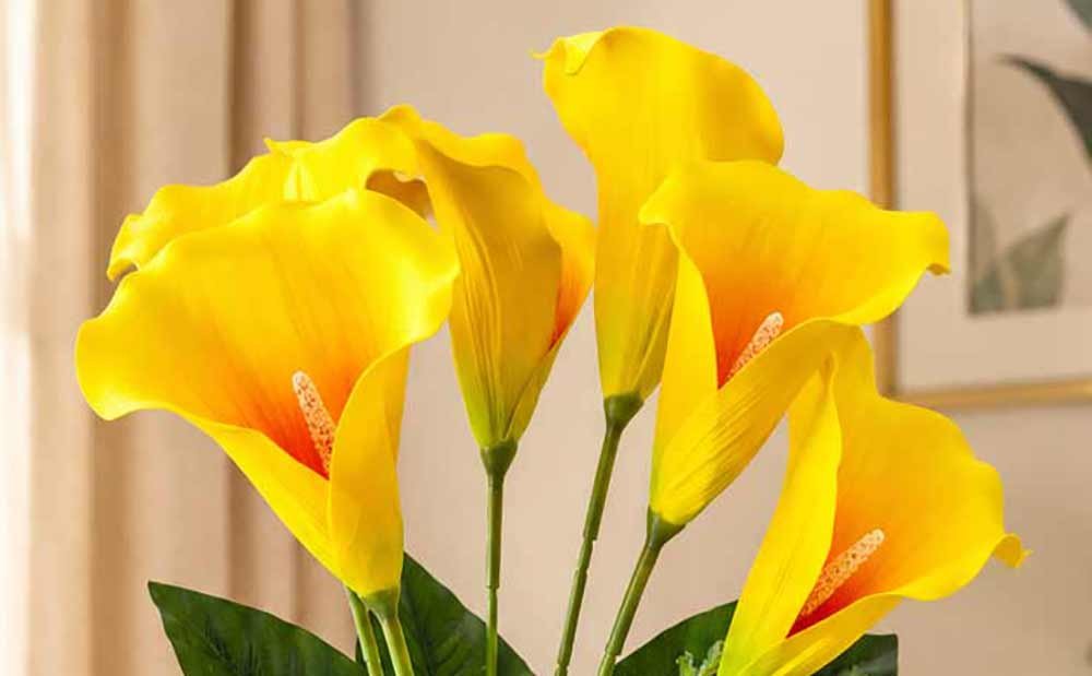 KAYKON 7 Flowers Real Touch Artificial Calla Lily Flower Bouquet Without Vase, Imported Yellow Lily Stems with Green Leaves, Realistic Decorative Flowers for Home, Living Room, Bedroom, Office, Wedding & Table Decor - Image 3